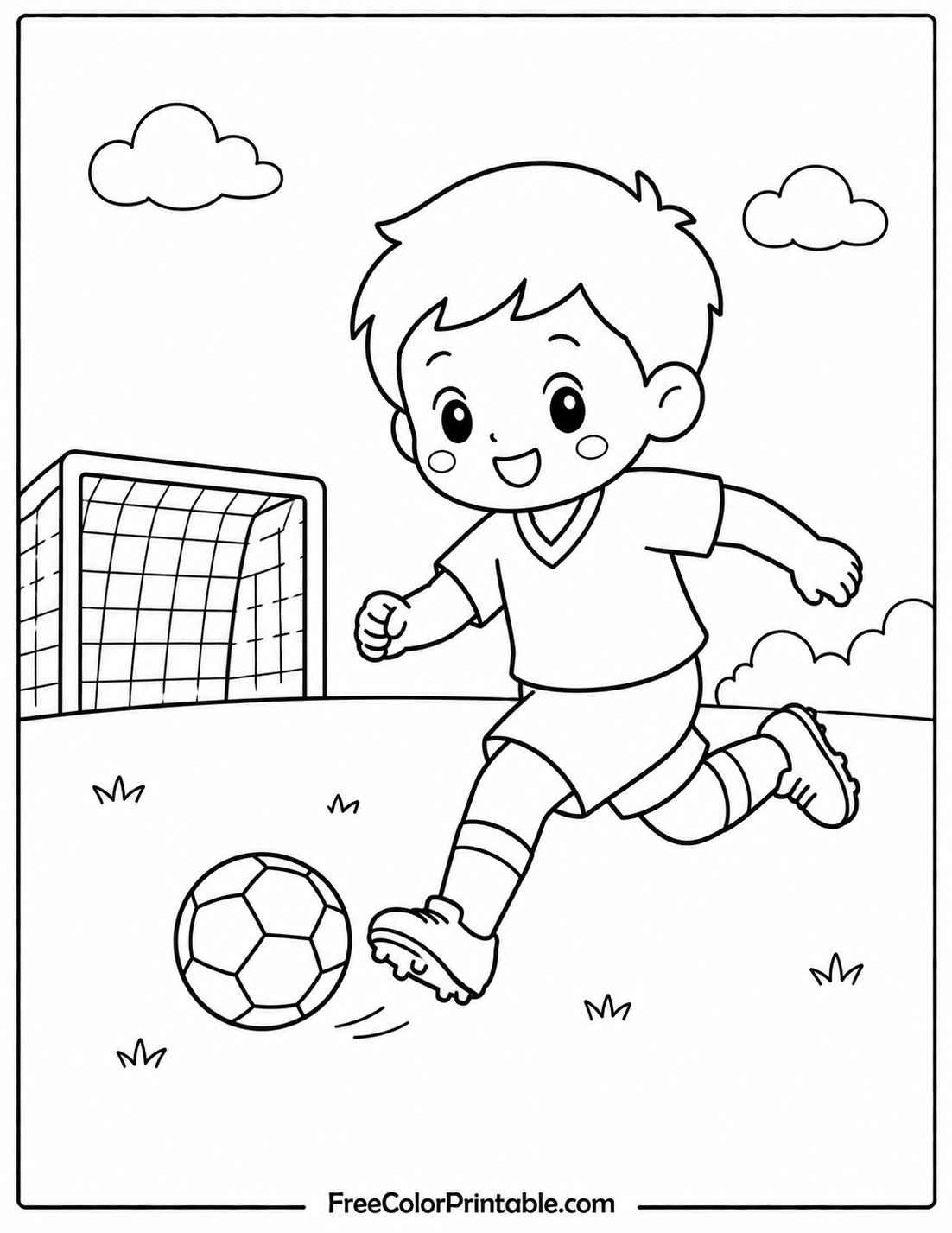 Happy boy playing soccer coloring page in net Coloring Page — Free Printable — free printable coloring page